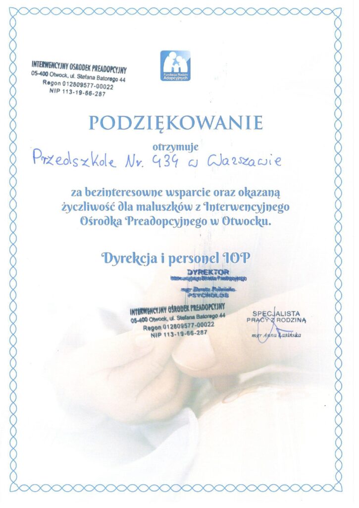 Podziękowanie za dary przekazane dla Ośrodka Preadopcyjnego w Otwocku